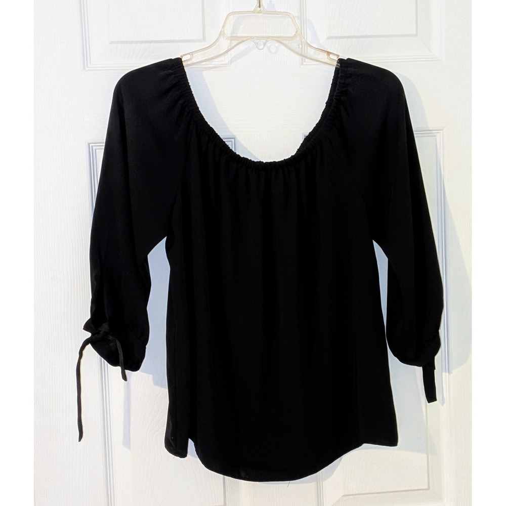 J. Crew Black Blouse Small 3/4 Sleeve Tie Cuff Off Shoulder Top NWOT‎